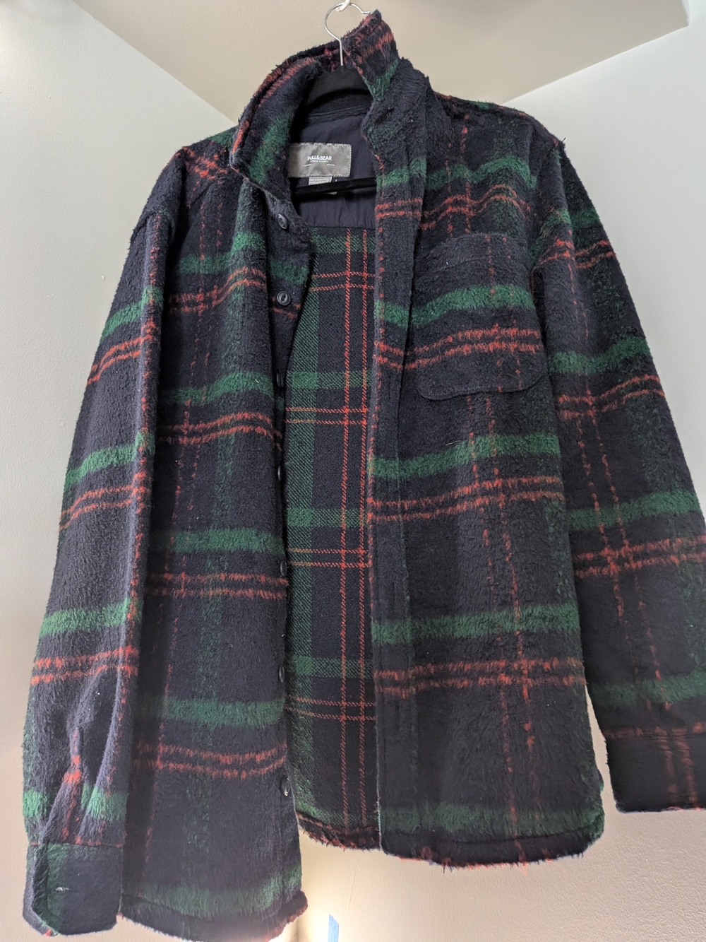 Pull&Bear Black Plaid Shirt Jacket with Green & Red Stripes